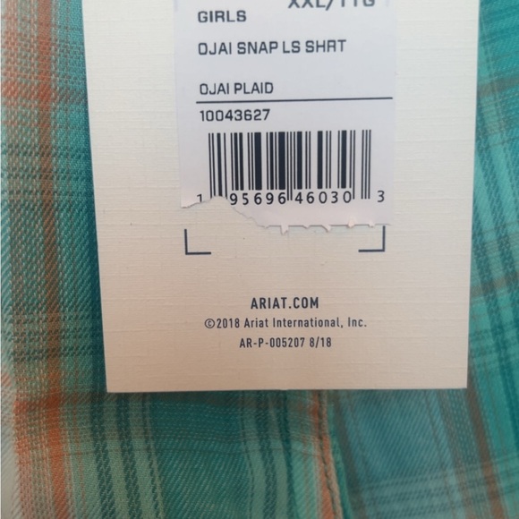 Ariat Girls Turquoise Plaid Western Snap Collard Neck Long Sleeve Shirt. NEW XXL - Picture 5 of 9